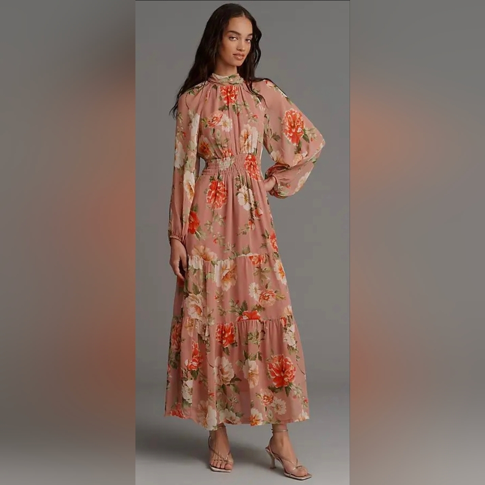 Anthropologie Somerset Long Sleeve Mock Neck Chiffon Pink Floral Maxi Dress